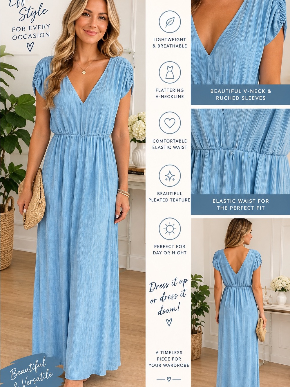 Sky Blue V-Neck Pleated Maxi Dress